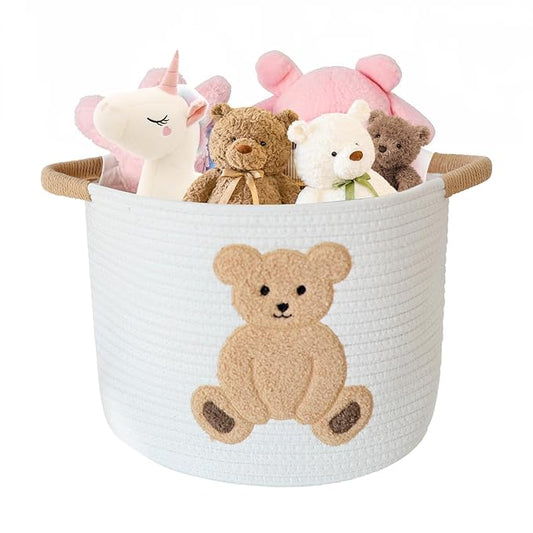 INough Cotton Rope Basket Toy Storage Baskets for kids Laundry Hamper, Gift Basket Empty Baby Shower Baskets with Handles, Cute Bins Blanket Stuffed Animal Storage for Nursery, Living Room Decor, Bear-CubbioJoy