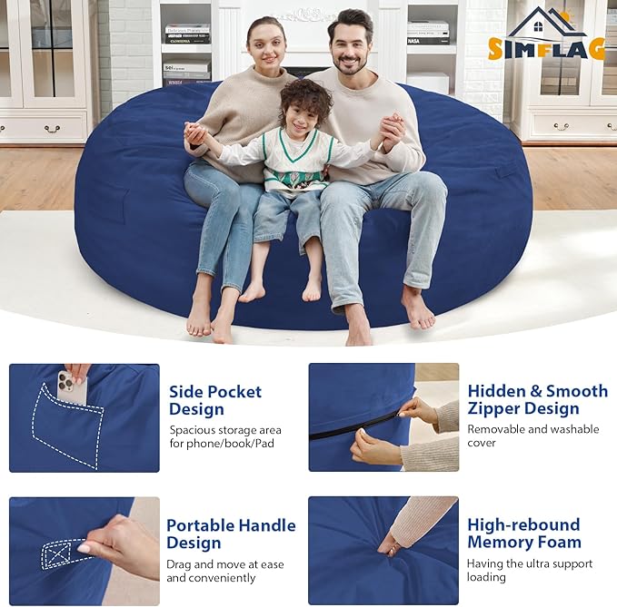 7FT Bean Bag Chair, Large Bean Bag Chairs with Memory Foam Filled, Fluffy Beanbag Sofa with Dutch Velvet Cover, Round BeanBag Chairs for Living Room, Playroom - Blue-CubbioJoy