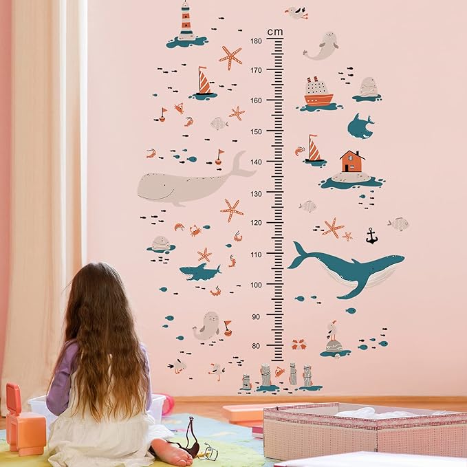 3D Cartoon Height Growth Chart for Kids Wall Decal Removable DIY Whale Ocean Animal Wall Decal Peel and Stick Sailing House Art Decor for Kids Nursery Bedroom Living Room Bathroom Decor-CubbioJoy