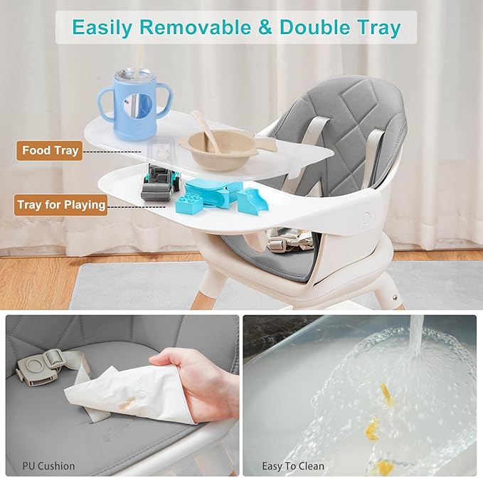 Baby High Chair, 6 in 1 Wooden Convertible High Chairs for Babies and Toddlers, Booster Seat with Double Tray & Reversible Footrest Baby Highchair, 5-Point Harness Baby Feeding Chair, Grey-CubbioJoy