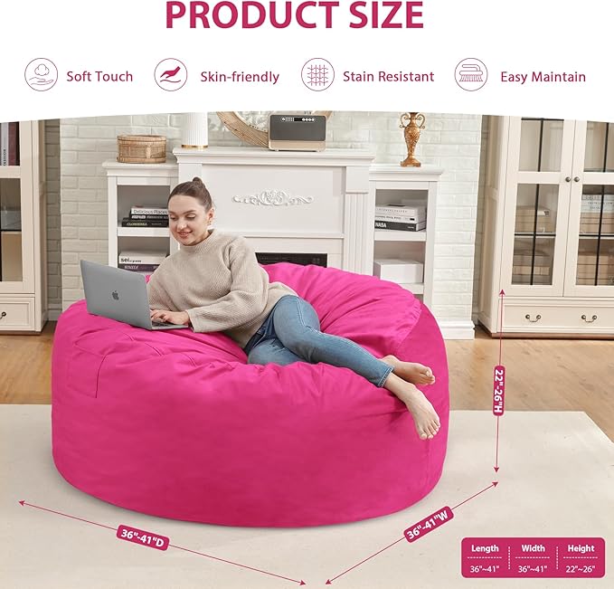 3FT Bean Bag Chair, Comfy Bean Bag Chairs with Memory Foam Filled, Fluffy Beanbag Sofa with Dutch Velvet Cover, Round BeanBag Chairs for Living Room, Playroom - Pink-CubbioJoy