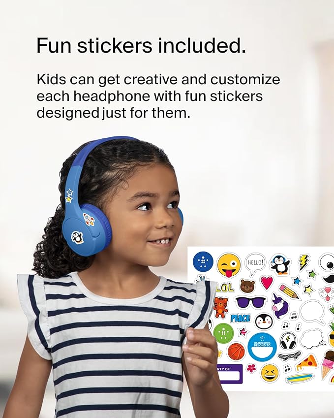 Belkin SoundForm Mini - Wireless Bluetooth Headphones for Kids with 30H Battery Life, 85dB Safe Volume Limit, Built-in Microphone - Kids On-Ear Earphones for iPhone, iPad, Fire Tablet & More - Blue-CubbioJoy