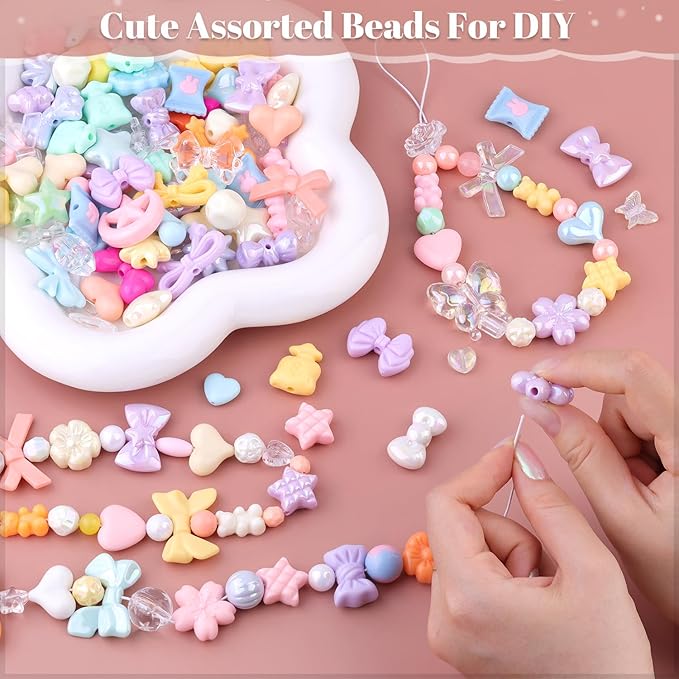Assorted 170-230PCS Macaroon Color Acrylic Beads For Bracelet Making, Bow Butterfly Candy GummyBear Aesthetic Bracelet Charms,Cute Beads For Jewelry Making DIY Necklace Keychain Phone Charm-CubbioJoy
