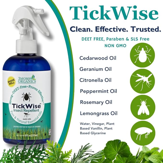 3 Moms Organics TickWise 8oz, Made with All Natural Essential Oils, DEET-Free, Tick and Insect Repellent, Plant Based Essential Oils, All Natural Ingredients Great for Adults, Kids, Dogs & Horses-CubbioJoy