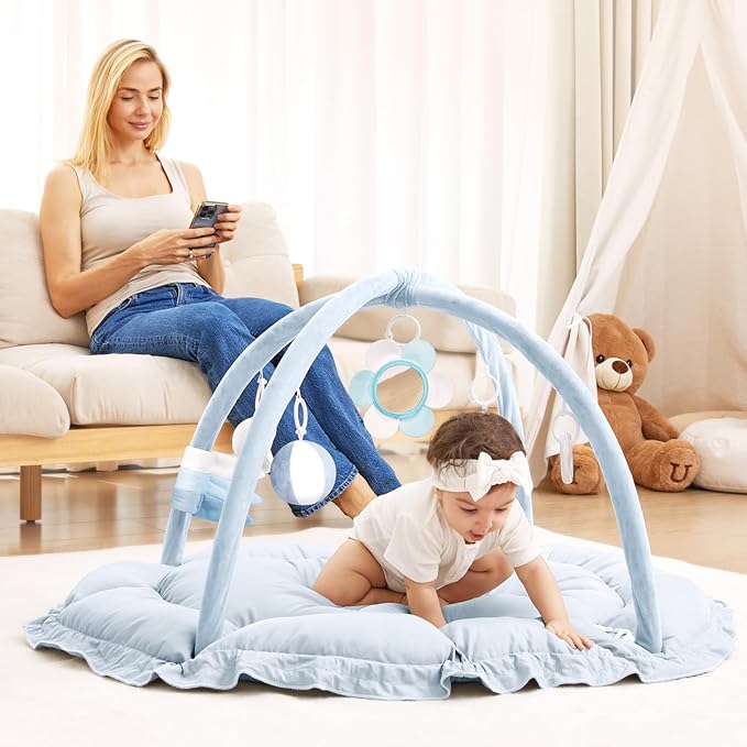 ANGELBLISS 5 in 1 Baby Play Gym Mat, Reversible Tummy Time Mat with 5 Sensory Toys for Stage-Based Developmental, Thick & Large Baby Activity Center from Newborn to Toddler (Light Blue)-CubbioJoy
