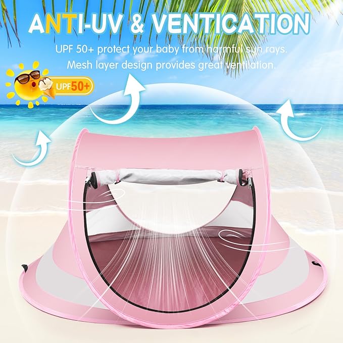 Baby Beach Tent,Large Pop Up Beach Tent Sun Shade for Beach,Portable Baby Travel Tent with Mosquito Net,Indoor Baby Play Tent,UPF 50+ UV Protection Sun Shelters for Infants-CubbioJoy