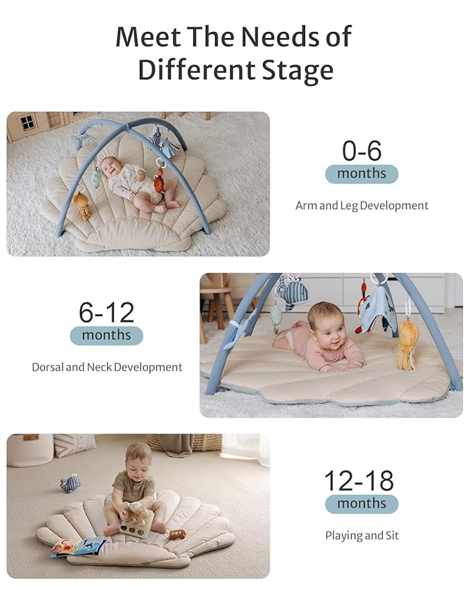 Blissful Diary Shell Baby Play Gym Mat, Softer & Enlarged Tummy Time Mat w 6 Detachable Toys for Sensory & Motor Skill Development, Activity Mat for Newborn Essentials Shower Gift, Boho Ocean Theme-CubbioJoy