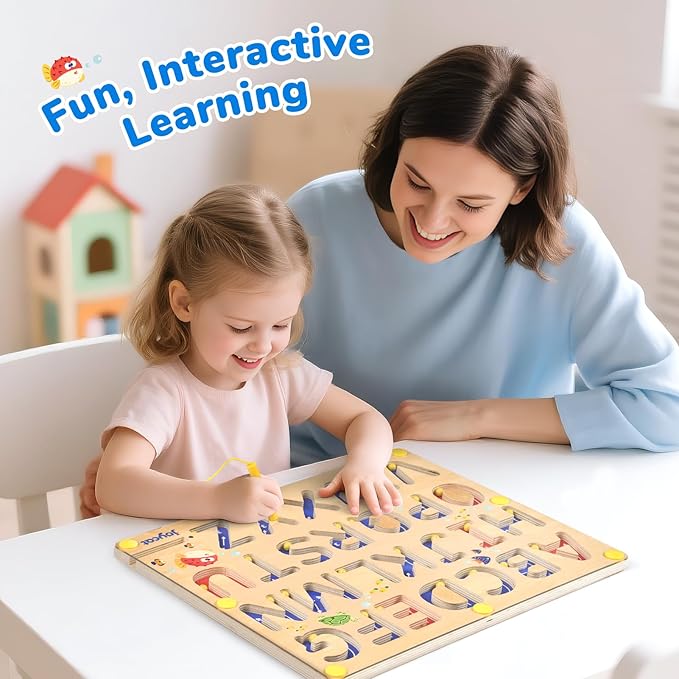 JoyCat Magnetic Letter Tracing Board, Wooden Alphabet Tracing Board for Toddlers ABC Magnets Letter Writing Practice, Magnetic Maze Preschool Learning Educational Toys for Kids 3-5-CubbioJoy