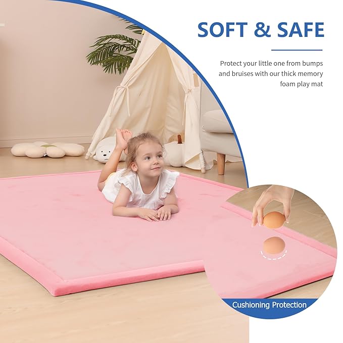 Baby Play Mat for Floor,1.3" Thick Memory Foam Tummy Time Mat for Toddlers,Infants,Kids,Water-Repellent Soft Nursery Rug,Extra Large Non Slip for Crawling&Yoga,Tatami Style for Living Room(Pink)-CubbioJoy