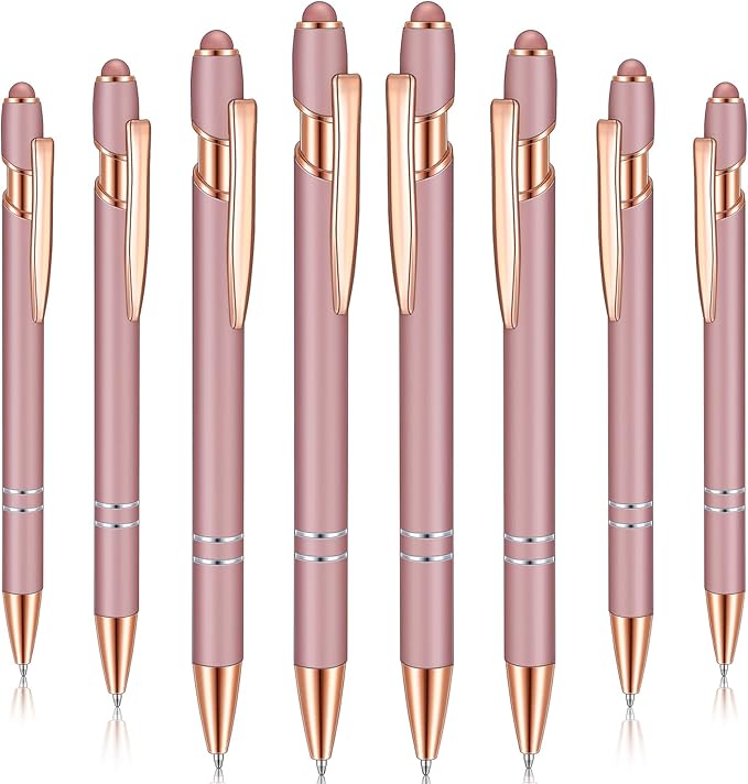 8 Pieces Ballpoint Pen with Stylus Tip Black Ink 2 in 1 Stylus Metal 1.0 mm Medium Point Smooth Pen Rainbow Colorful Rubberized Ballpoint for Touch Screen Tablet(Rose Gold)-CubbioJoy