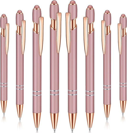 8 Pieces Ballpoint Pen with Stylus Tip Black Ink 2 in 1 Stylus Metal 1.0 mm Medium Point Smooth Pen Rainbow Colorful Rubberized Ballpoint for Touch Screen Tablet(Rose Gold)-CubbioJoy