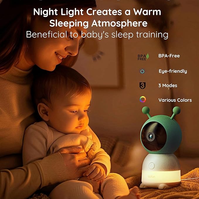 BOIFUN 2K WiFi Baby Monitor with Camera and Audio,Smartphone APP, Colorful Night Light, Smart AI Motion & Sound & Humidity & Temperature Detection, Auto Tracking,5-Inch Monitor Control, Night Vision-CubbioJoy