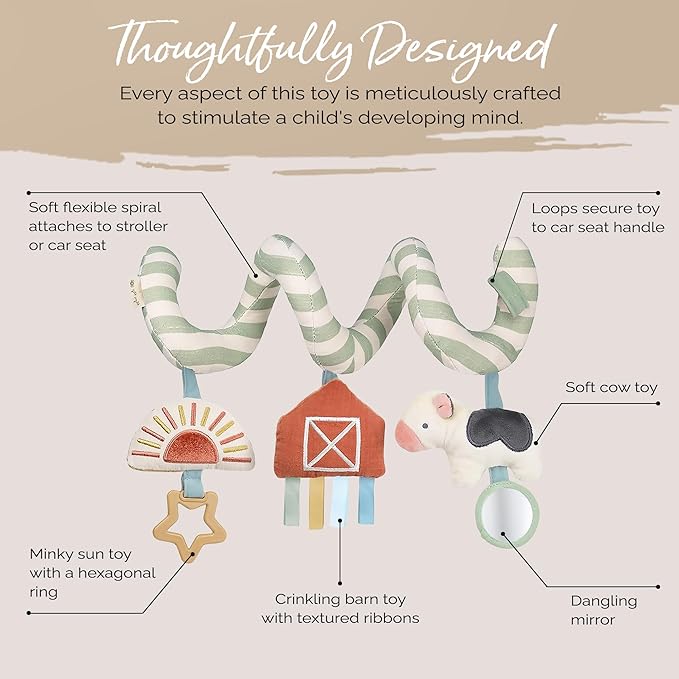 Itzy Ritzy Spiral Car Seat & Stroller Activity Toy - Stroller & Car Seat Toys for Ages 0 Months and Up - Hanging Toys Include Dangling Ring, Mirror and Textured Ribbons (Farm)-CubbioJoy