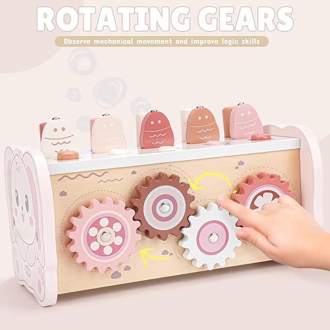 Joyreal Montessori Toys for 1 Year Old Girl Gift - Pink Wooden Hammering Pounding Toy with Xylophone & Fishing Game - Toddler Learning Activities for Kids 1+ 2 3 Year Old Christmas Birthday Gifts-CubbioJoy