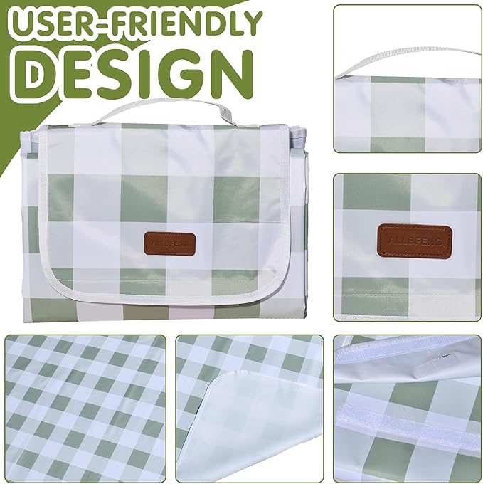 80"x80" Extra Large Waterproof Outdoor Mat - Sandproof Foldable Picnic Blanket for Family Camping, Backyard, Beach Parties - Heavy Duty & Easy Storage (Green&White)-CubbioJoy