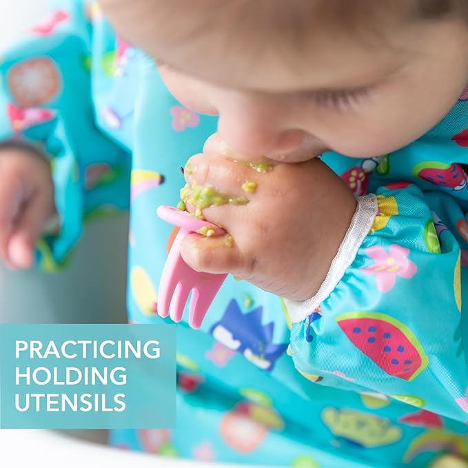 Bumkins Baby Utensils Set, Chewtensils Silicone Spoons for Dipping, Self-Feeding, Baby Led Weaning, Trainer Learning, First Stage Eating, Soft Practice Fork and Spoon, 6 Months, Hello Kitty Pink-CubbioJoy