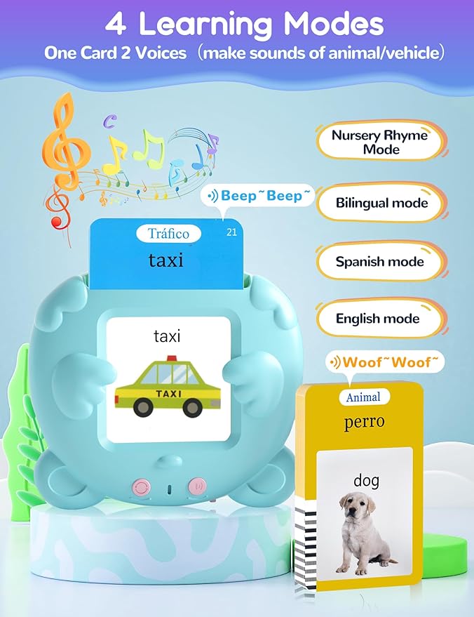 Bilingual Talking Flash Cards for Toddlers, 224 Sight Words Spanish and English Learning Flashcards for Kids, Autism Pocket Speech Therapy Toys, Española Vocabulary-CubbioJoy