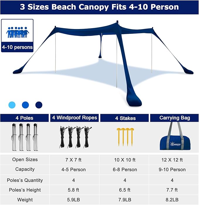 COMMOUDS Beach Tent Sun Shelter - UPF50+ Pop Up Beach Canopy with Sandbags & Sand Shovel & Windproof Poles, Portable Sun Shade for Beach, Camping, Picnics, Backyard-CubbioJoy
