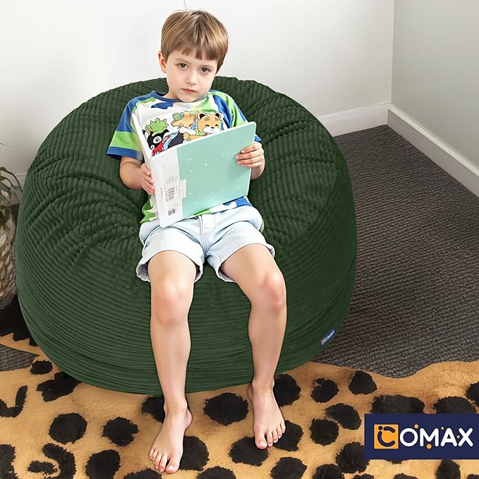COMAX Kids Bean Bag Chair Turn into Beanbag Bed, Toddler Bean Chair Corduroy for Girl Boy Sleeping, Lazy Children Bean Bags with Filler, Convertible Child Floor Mattress, Dark Green-CubbioJoy