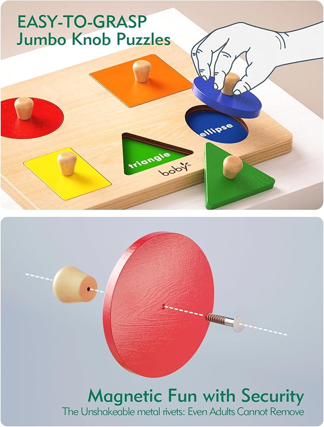 Boby Montessori Wooden Puzzle Board Knob Wooden Puzzle Geometric Shape Puzzle Early Education Material Sensorial Toy for Toddler Shape & Color Sorter (5 Geometry Shape)-CubbioJoy