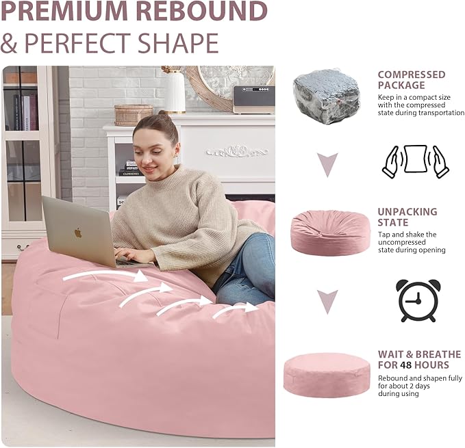 7FT Bean Bag Chair, Large Bean Bag Chairs with Memory Foam Filled, Fluffy Beanbag Sofa with Dutch Velvet Cover, Round BeanBag Chairs for Living Room, Playroom - Light Pink-CubbioJoy
