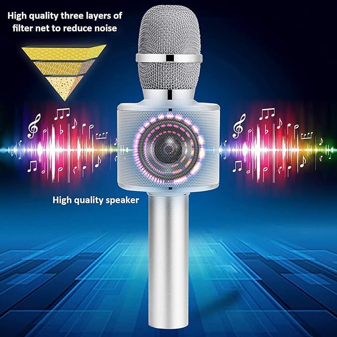 BONAOK Wireless Bluetooth Karaoke Microphone,3-in-1 Portable Handheld Mic Speaker for All Smartphones,Gifts for Kids Adults All Age Q37(Silver)-CubbioJoy