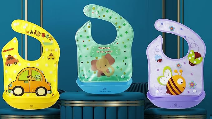 Amplim Baby Feeding Bib (3-Pack) Toddler/Baby Bibs for Eating. Waterproof, Adjustable, Lightweight. Eco-friendly PEVA material. BPA, Lead, Phthalate, Cadmium free-CubbioJoy