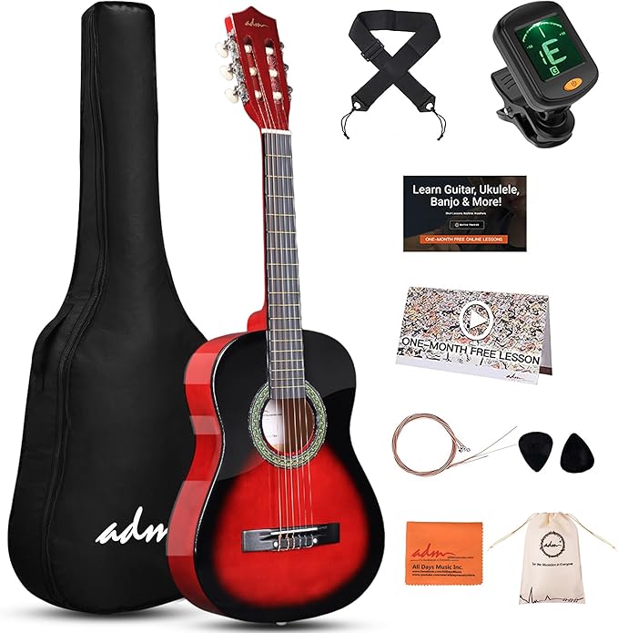 ADM Beginner Acoustic Classical Guitar Nylon Strings Wooden Guitar Bundle Kit for Kid Boy Girl Student Youth Guitarra Online Lessons with Gig Bag, Strap, Tuner, Strings, Picks (34 Inch, Redburst)-CubbioJoy