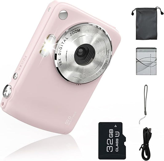 Digital Camera for 50MP FHD 1080P, Digital Point and Shoot Camera with 16X Zoom Anti Shake, Indoor&Outdoor Travel Compact Small Camera Gift for Boys Girls Kids Camera with 32GB Card, Pink-CubbioJoy