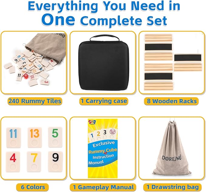 Deluxe Rummy Cube Game Set 6-8 Players with 8 Wooden Racks and 240 Melamine Rummy Tiles, Travel Family Board Game for Adults and Kids-CubbioJoy