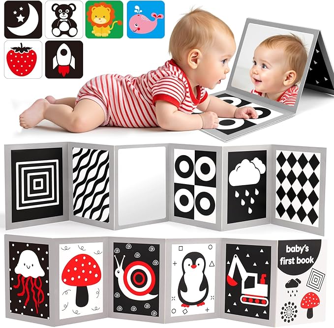 Black and White High Contrast Baby Books Flash Cards Tummy Time Mirror Toys Newborn Toys 0 6 Months Brain Development Infant Stimulating Sensory Toy 0-3 3-6 2 4 5 Months old Baby Boy Girl Shower Gifts-CubbioJoy