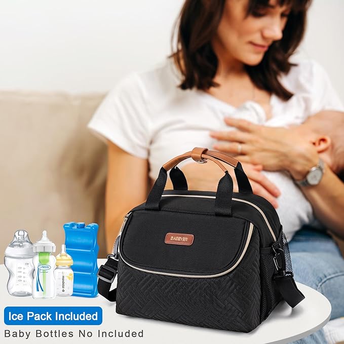 Breastmilk Cooler Bag with Ice Pack Fits 6 Baby Bottles up to 9 Ounce, Wearable Breast Pumps Cooler Bag for Nursing Mom Daycare, Work, Travel- Black-CubbioJoy