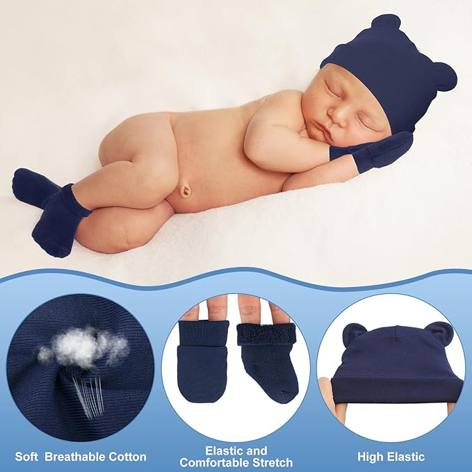 Cuffbow 4 Pcs Preemie Hats Mittens and Socks Set Preemie Mittens Warm Terry Socks for Baby-CubbioJoy
