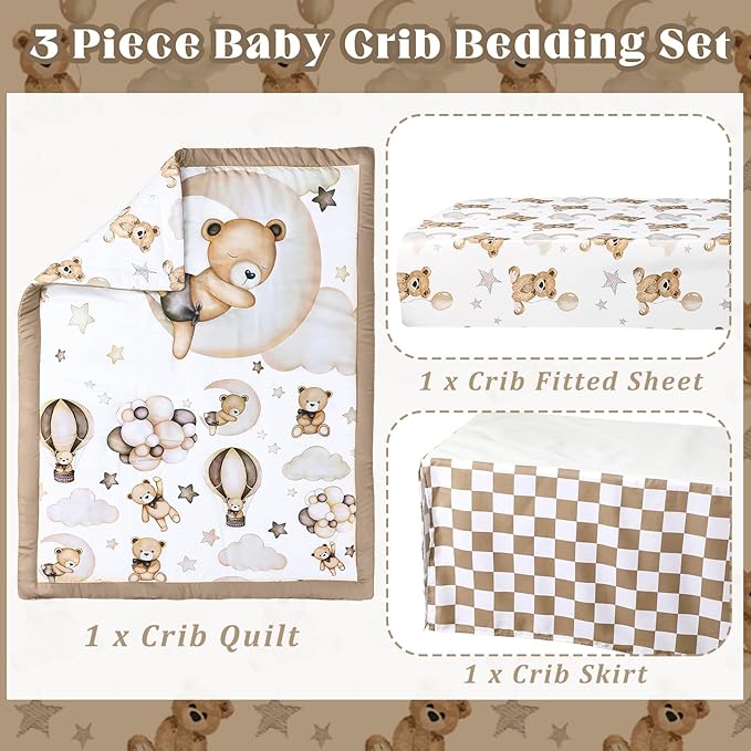 3 Pcs Baby Crib Bedding Set Safari Animals Dinosaurs Bear Woodland Animals Jungle Crib Set Includes Quilt, Fitted Sheet, Skirt for Baby Boy Girl(Brown,Teddy Bear)-CubbioJoy