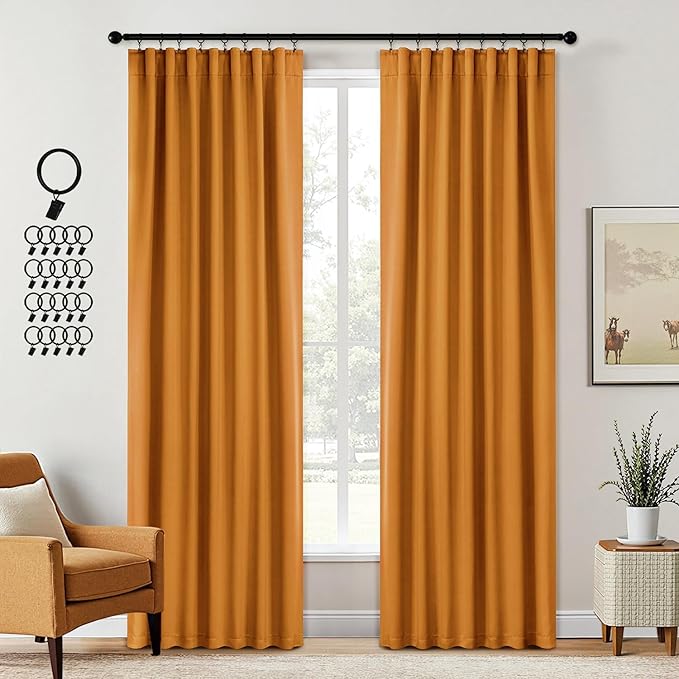 ANRODUO Back Tab Blackout Curtains for Bedroom Living Room, Rod Pocket Pinch Pleated Thermal Insulated Room Darkening Curtains 84 Inches Long 2 Panels, Mustard Yellow, 42 x 84 Inch-CubbioJoy