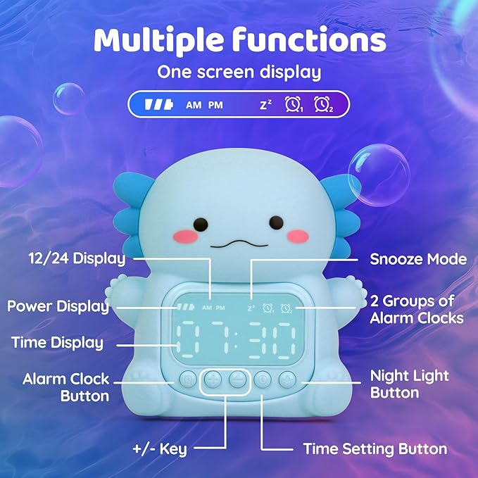 Axolotl Alarm Clock with Night Light for Kids, Rechargeable Silicone Lamp Time to Wake Clock Cute Animal Tabletop Lamp, Perfect Sleep Companion for Boys Girls, Blue-CubbioJoy