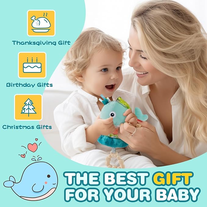 Jollybaby Baby Musical Pull String Hanging Toy for Stroller Car Seat Crib Play Gym, Plush Stuffed Whale Toy for Carseat with Music Teether Crinkle Paper, Sensory Toy for 0-6-12-18 Months Baby Gift-CubbioJoy