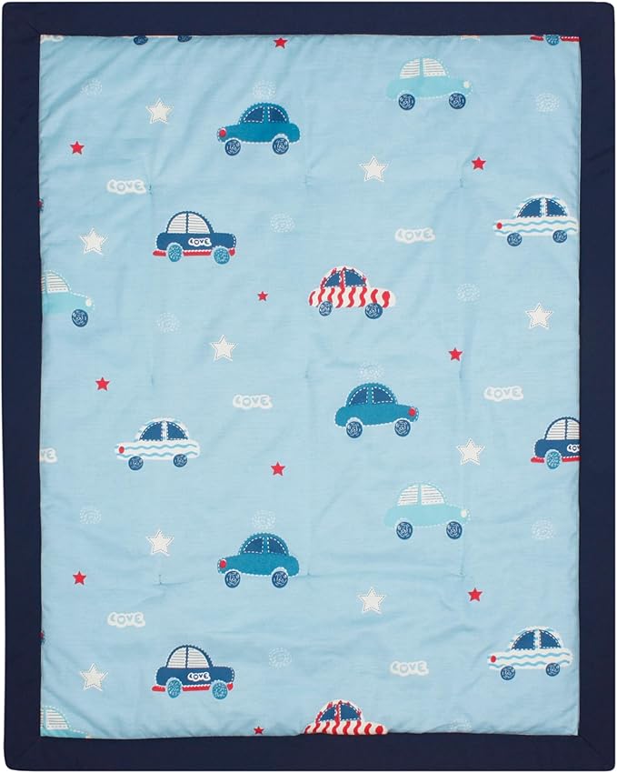 CaSaJa Baby 3-Piece Crib Bedding Set for Boys Girls, Including Soft Quilted Comforter(Blanket), Fitted Crib Sheet and Skirt, Soft Nursery Bedding Set Made of Silky Comfy Materials, Love Cars-CubbioJoy