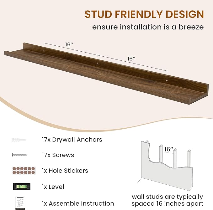 Axeman Picture Ledge Shelf, Floating Shelves for Wall Decor Storage Set of 6, 48 inch Floating Wall Mounted Shelves, Wall Shelves with Lip for Living Room, Bedroom, Nursery, Bathroom, Kitchen, Walnut-CubbioJoy