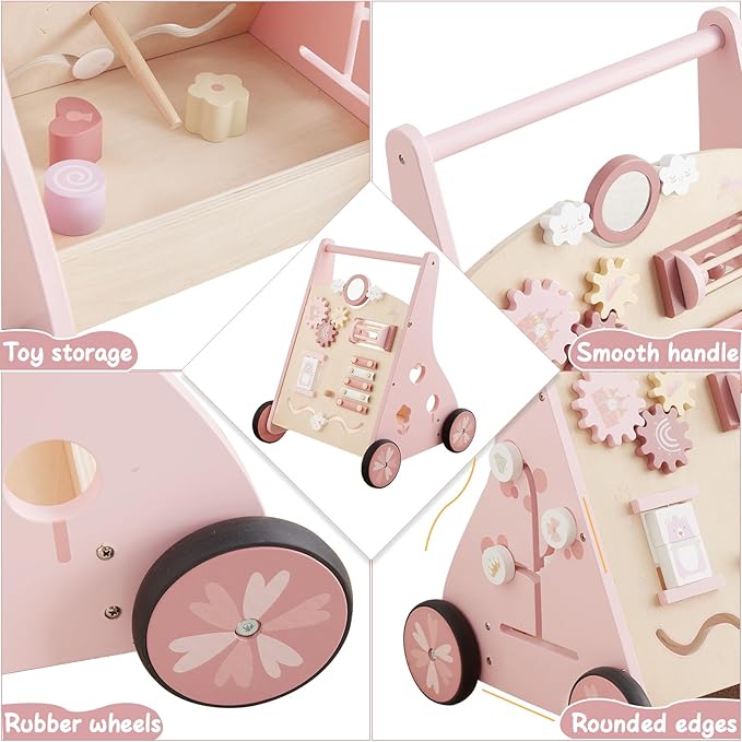 Beright Wooden Baby Walker Push and Pull Learning Activity Walker Kids’ Activity Toy Multiple Activities Center Develops Motor Skills & Stimulates Creativity(Pink)-CubbioJoy