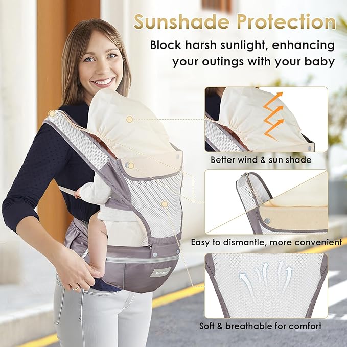 Baby Carrier Newborn to Toddler, Lightweight Ergonomic Baby Hip Seat Carrier Up to 33lbs, Adjustable Extended Waistband Infant Carrier with Breathable Sunshield, Light Grey-CubbioJoy