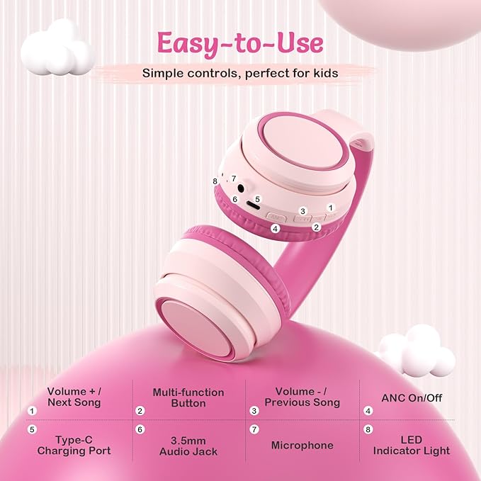 Active Noise Cancelling Headphones for Kids, 60H Playtime, Wireless Bluetooth Over-Ear Blue Headset Built-in Microphone for Home/School/Travel/Party - Includes Portable Case (Pink)-CubbioJoy