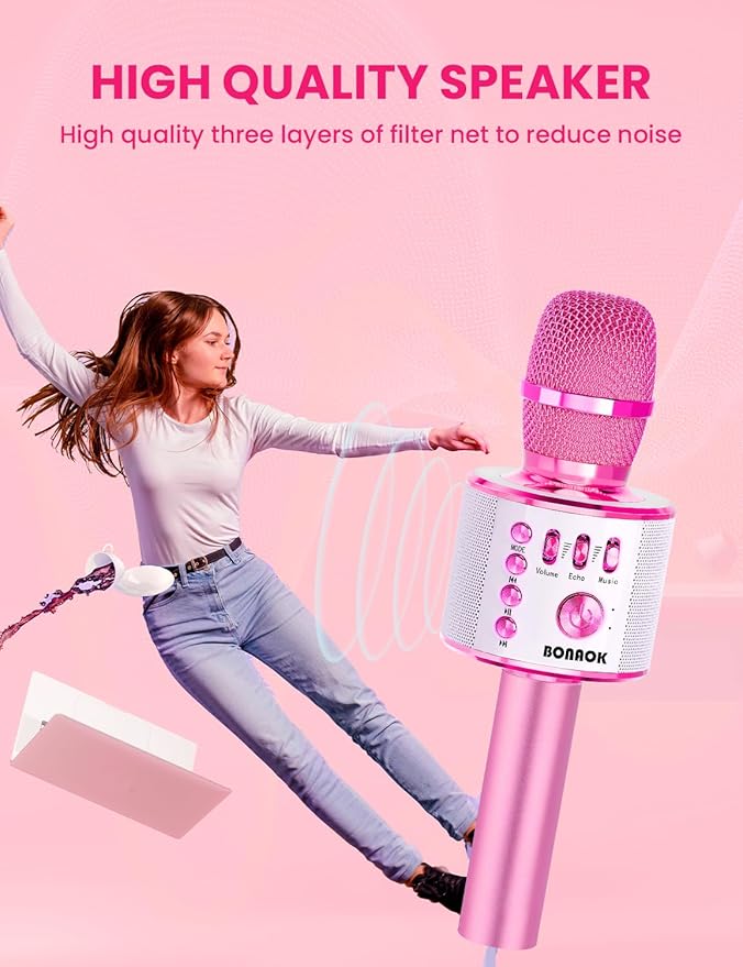 BONAOK Kids Karaoke Microphone, Wireless Bluetooth Microphone for Singing, Gift for Kids, Adults, Girls, Boys, Christmas Kids Toys Gifts for Ages 3, 4, 5, 6, 7, 8+ Years Old (Light Pinkcolor)-CubbioJoy