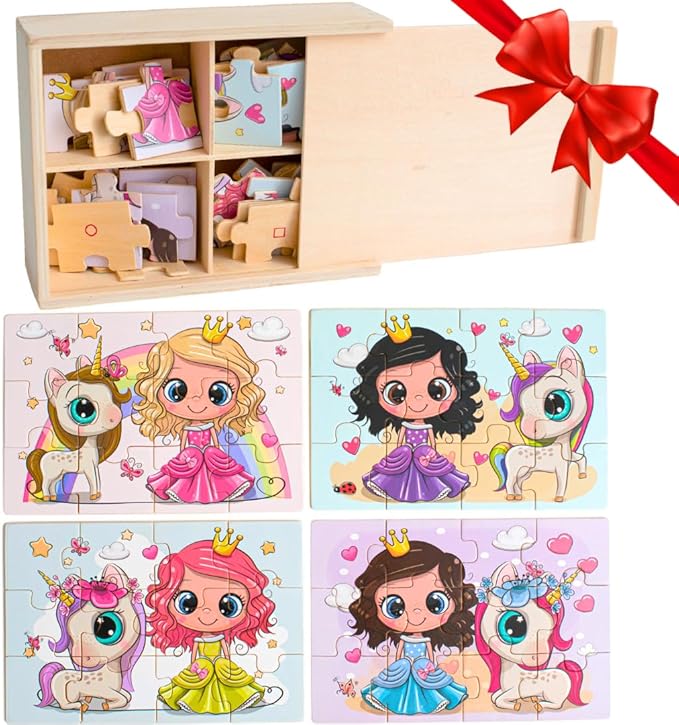 4-in-1 Princess Jigsaw Puzzles for Kids, Wood Puzzles for Kids Ages 3-5 48 Piece Wooden Puzzles for Toddlers 3-5, Wooden Puzzles for Toddlers, Essential Skills Gift for Girls Princesses-CubbioJoy
