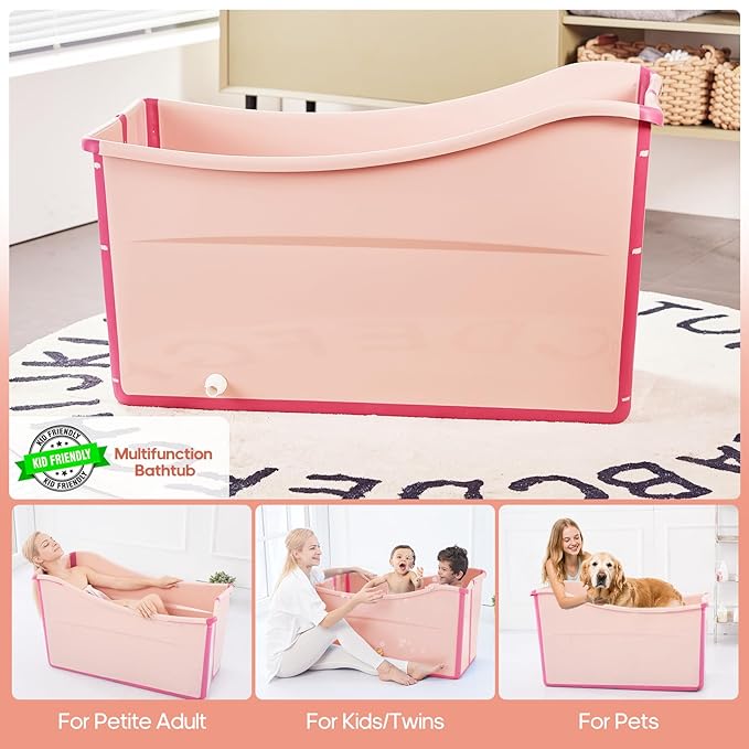 Collapsible Baby Bathtub Foldable Bathtub for Toddler Portable Large Foldable Bath Tub Bathtub for Kids Petite with Thermometer and Storage Basket (Pink)-CubbioJoy