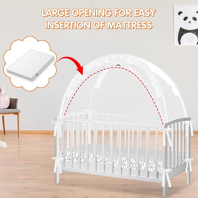 Crib Tent to Keep Baby from Climbing Out - Crib Net to Keep Baby in - Pop Up Breathable Cribs Cover - Canopy with Upgrade Strong Mesh and Durable Zipper (White - Lines, Lager)-CubbioJoy