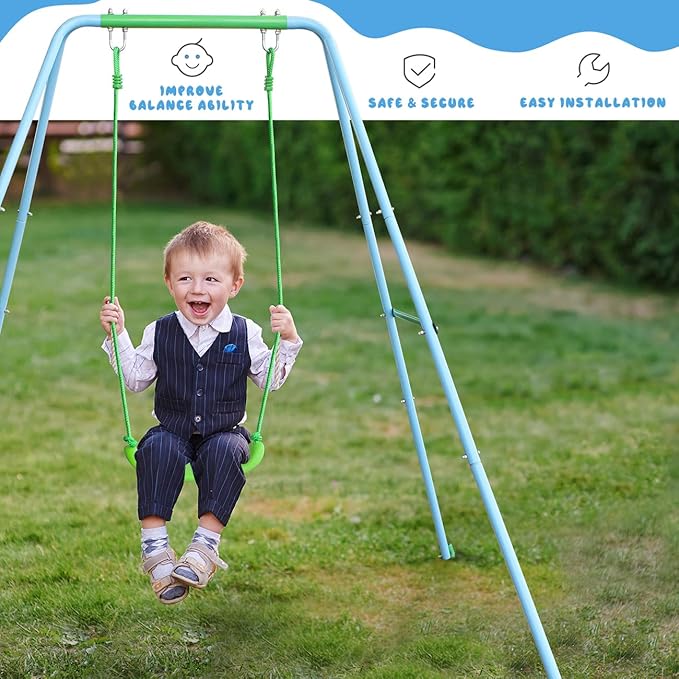 2-in-1 Toddler Swing Set with Metal Stand, Safety Belt & 4 Anchors - A-Frame Swing for Kids 6 Months+ (Blue, Indoor/Outdoor Backyard Playground)-CubbioJoy