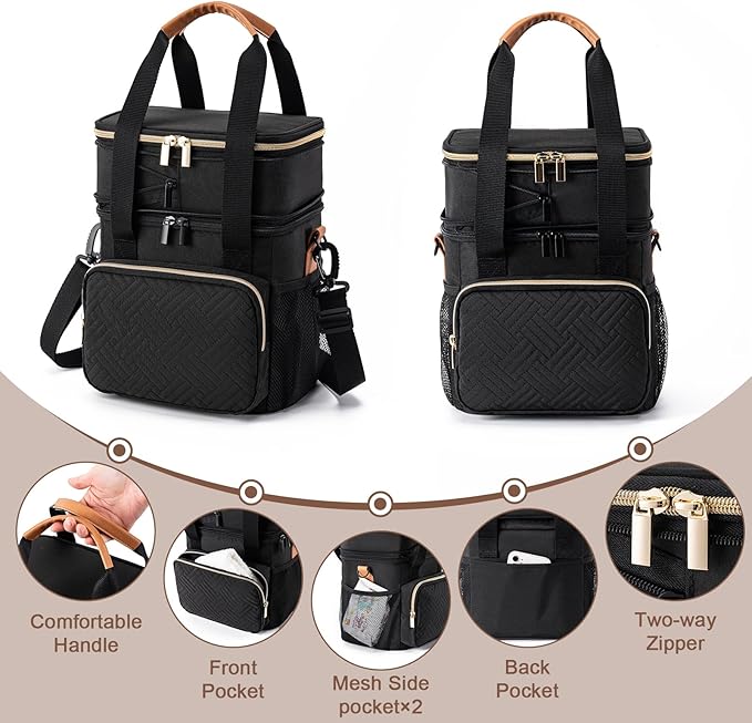 Breastmilk Cooler Bag with Ice Pack Fits 6 Baby Bottles Up to 9 Ounce, Expandable Double-Layer Leak-Proof Cooler Bag with Shoulder Strap for Nursing & Working Mom, Black-CubbioJoy