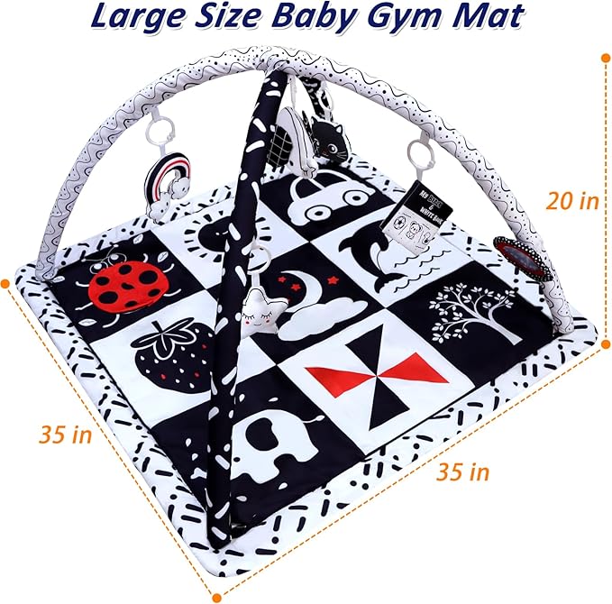 Black and White Baby Gym Play Mat with 6 Toys Tummy Time Activity Mat for Babies 0-6 6-12 Months High Contrast Baby Gyms & Playmats Sensory Toys Newborn Brain Development Infant Play Mat-CubbioJoy
