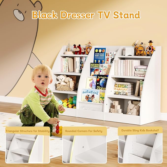 4 Tier Kids Bookshelf, 4 Layer Sling Kids Book Shelf for Kids Rooms, XXL Wood Children Bookcase,Baby Storage Book Rack,Toddler Bookshelf, Book and Toy Organizer,Book Display Shelf for Bedroom, Nursery-CubbioJoy